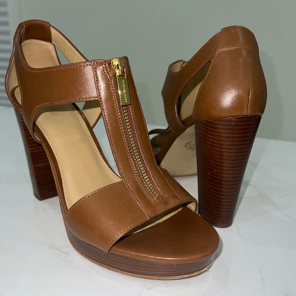 Michael Kors Cognac Leather Zip Platform Sandals